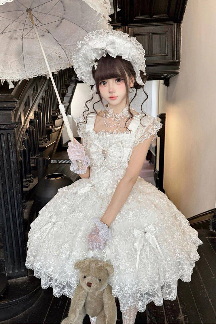 White [Featherlight Slumber] Square Collar Sleeveless Multi-Layered Bow Lace Pearl-Decorated Gothic Lolita Jsk Dress - Product - 7