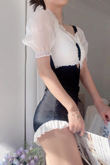 Black/White Short Sleeves Ruffle Cute Sweet Lolita Strapless One Piece Swimsuit - Product - 3