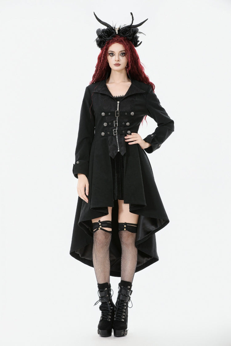 Black Lapel Collar Long Sleeves Lace-Up Irregular Bouble-breasted Buckle-up Women's Gothic Coat - Product - 8