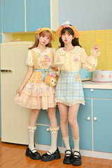 Yellow [Happy Day] Short Sleeves Triple-Layered Print Bowknot Lace Sweet Princess Lolita Dress - Product - 6