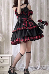 Black/Red Plaid Print Color Contrast Leather Buckle Bowknot Ruffle Gothic Lolita JSK Dress - Black/Red - 1