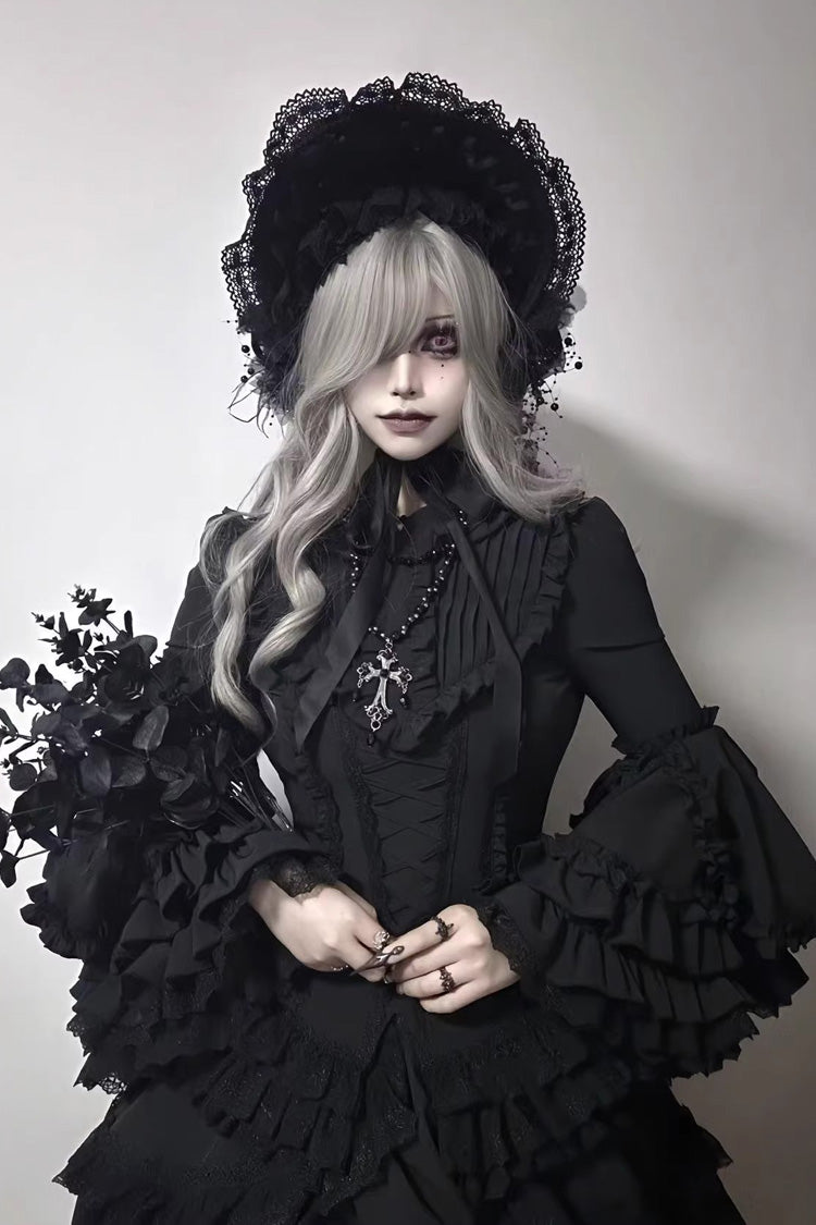 Black [Immortal Phoenix] Long Hime Sleeves Multi-Layered Ruffled Bow Lace-Up Gothic Lolita Skirt Dress Set - Product - 11