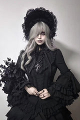 Black [Immortal Phoenix] Long Hime Sleeves Multi-Layered Ruffled Bow Lace-Up Gothic Lolita Skirt Dress Set - Product - 11