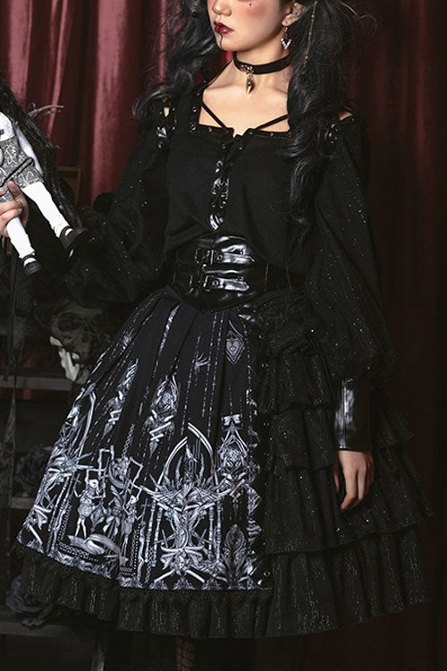 Dark Black Eye Of Red Heart Print High Waisted Gothic Lolita Skirt Dress - Black - 1