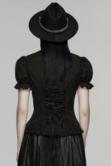 Black Stand Collar Short Puff Sleeves Ruffled Lace-Up Women's Gothic Blouse - Product - 3