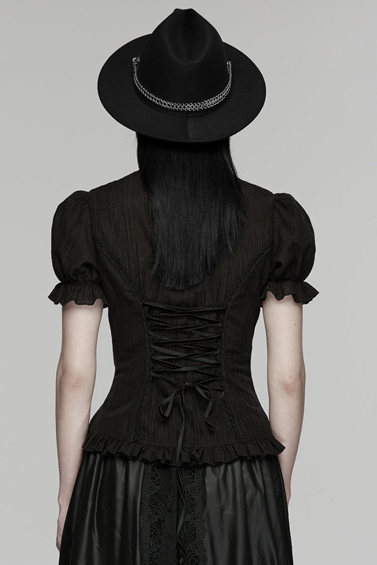 Black Stand Collar Short Puff Sleeves Ruffled Lace-Up Women's Gothic Blouse - Product - 3