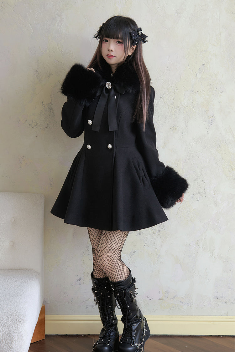 Black Double-Breasted Long Sleeves Bowknot Japanese Sweet Lolita Coat - Product - 2