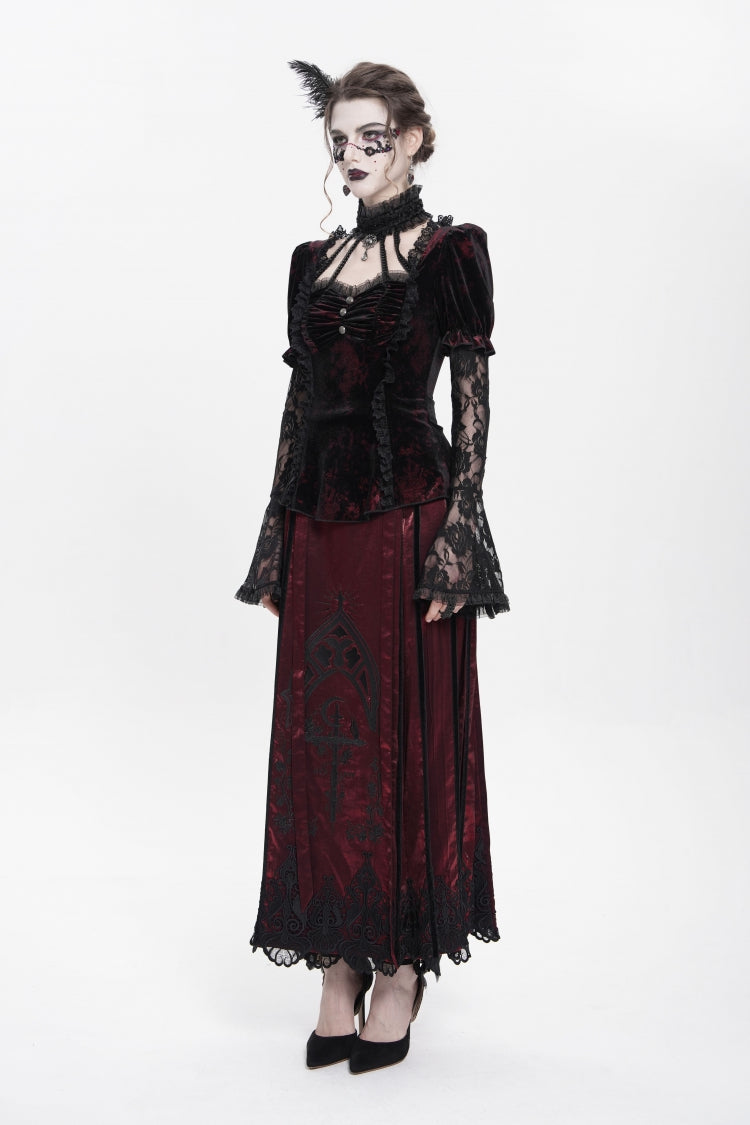 Red  Long Trumpet Sleeves Lace Mesh Faux Two-Piece Pleated Eyelet Women's Gothic Palace Velvet Blouse - Product - 3