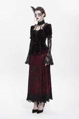 Red  Long Trumpet Sleeves Lace Mesh Faux Two-Piece Pleated Eyelet Women's Gothic Palace Velvet Blouse - Product - 3