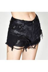 Black Double Waistband Burr Distressed Women's Punk Shorts - Product - 6