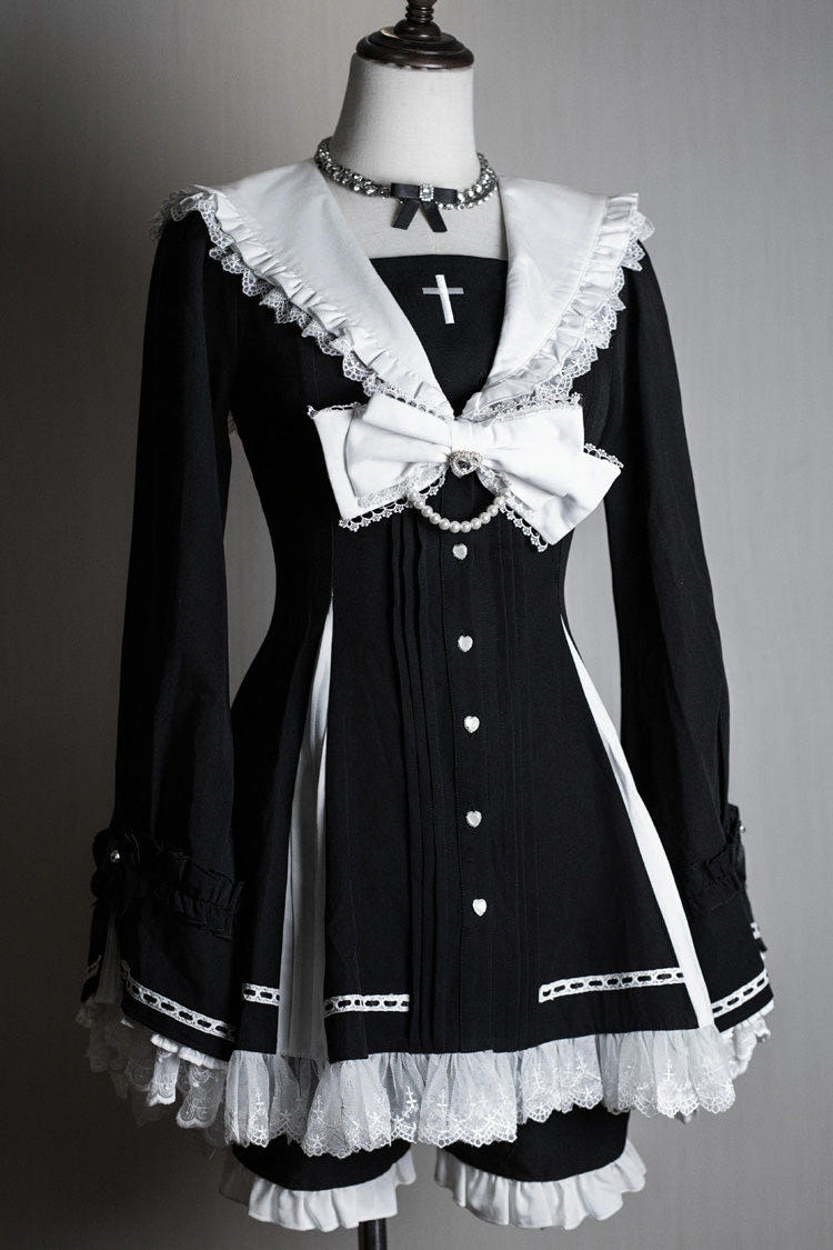 [Dark Night Prayer] Square Collar Long Sleeves Bow Lace Pearl-Decorated Sweet Jirai Kei Dress and Short Set 3 Colors - Product - 1