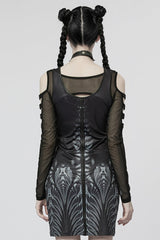 Black Off Shoulder Long Sleeves Print Metal Rivets Women's Gothic Two Pieces Dress - Product - 3