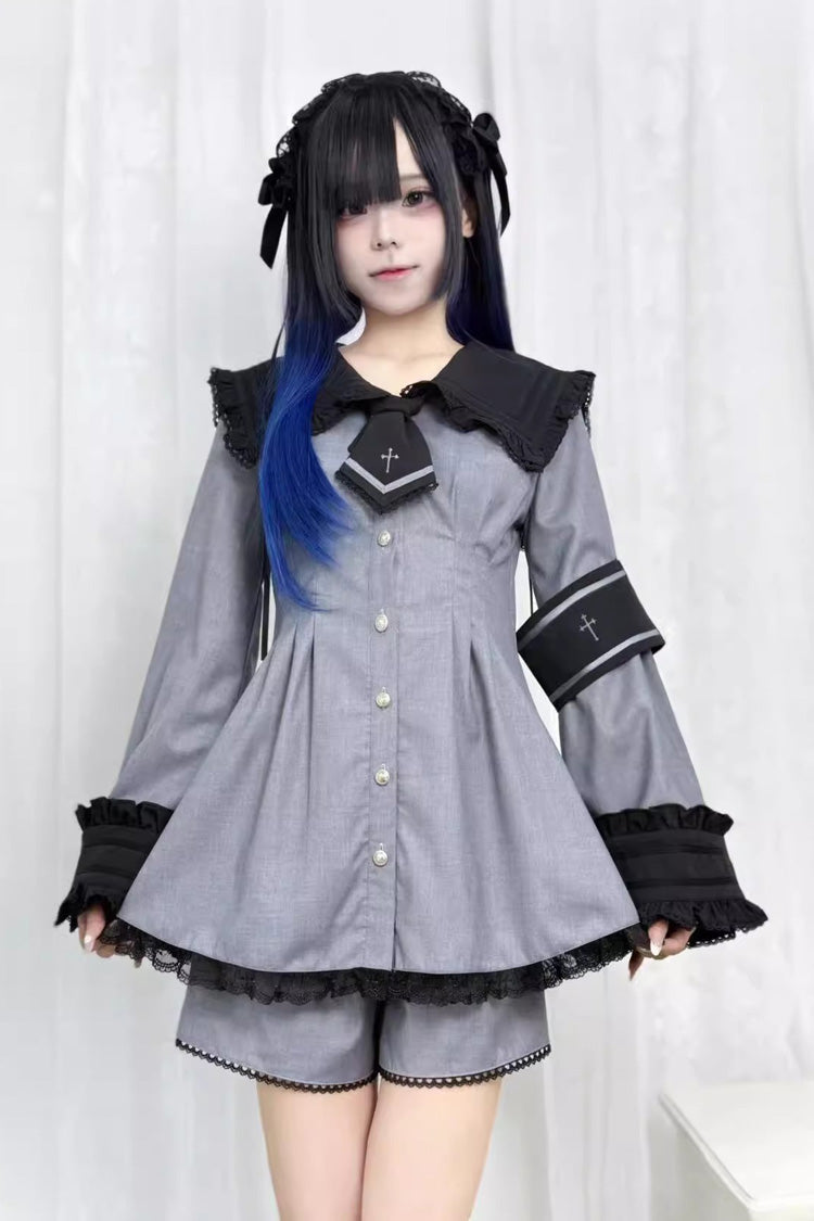 Japanese Long Sleeves Ruffle Bowknot Lace Jirai Kei Dress Shorts Set 4 Colors - Black/Grey - 2