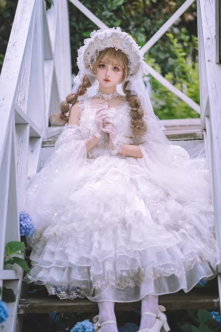 White [Dreamy Waltz] Sleeveless Multi-Layered Ruffled Hanayome Bow Lace Gothic Gorgeous Lolita Jsk Dress - Product - 5