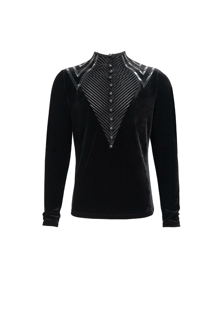Black Round Collar Long Sleeves Stripes Splice Velvet Men's Gothic Shirt - Product - 7