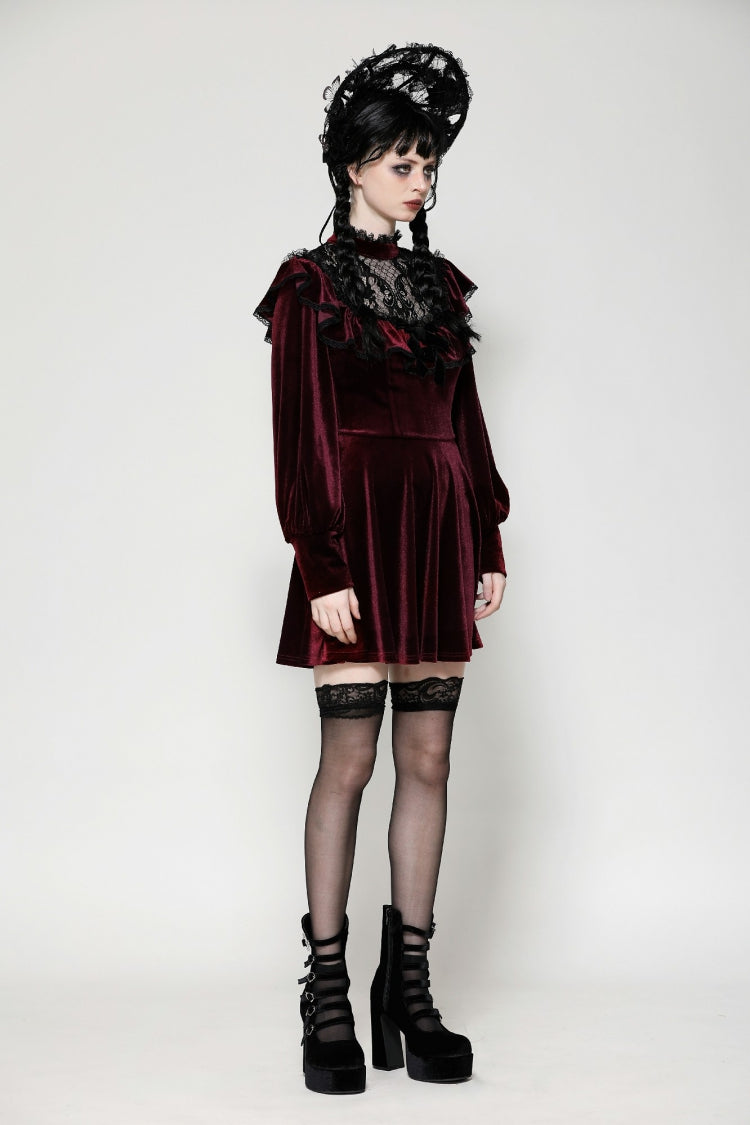 Red Long Sleeves Crochet Velvet Dress Women's Gothic Graduation Dress - Product - 10