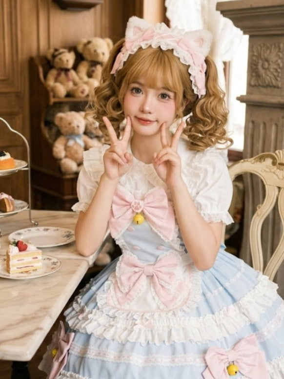 Light Blue Pink Ruffled Lolita Dress with Bows and Bell Decor - view 4