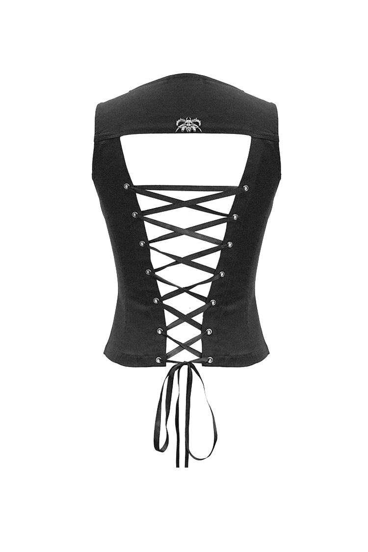 Black Lace Up Double Loops Front Shoulder Backless Women's Punk Waistcoat - Product - 7