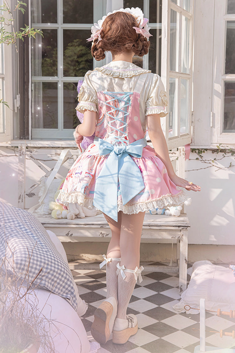 Pink Cake Chocolate Dessert Print Ruffle Bowknot Sweet Lolita Strap Dress - Product - 13