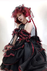 Black/Red [Layered Poem] Halterneck Sleeveless Multi-Layered Jacquard Hanayome Bow Lace Gothic Lolita Dress - Product - 2