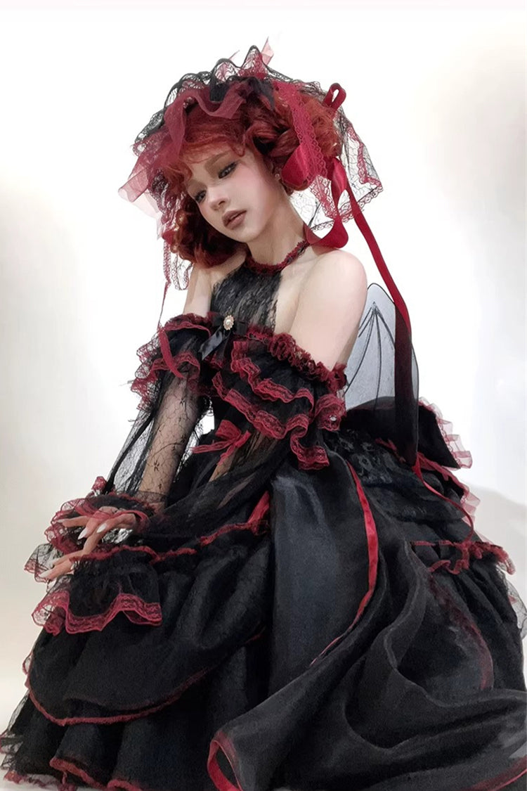Black/Red [Layered Poem] Halterneck Sleeveless Multi-Layered Jacquard Hanayome Bow Lace Gothic Lolita Dress - Product - 2