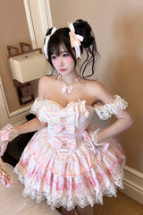Pink [True Love Strawberry] Print Off Shoulder Sleeveless Ruffle Bowknot Lace Sweet Princess Lolita Dress Set - Product - 3