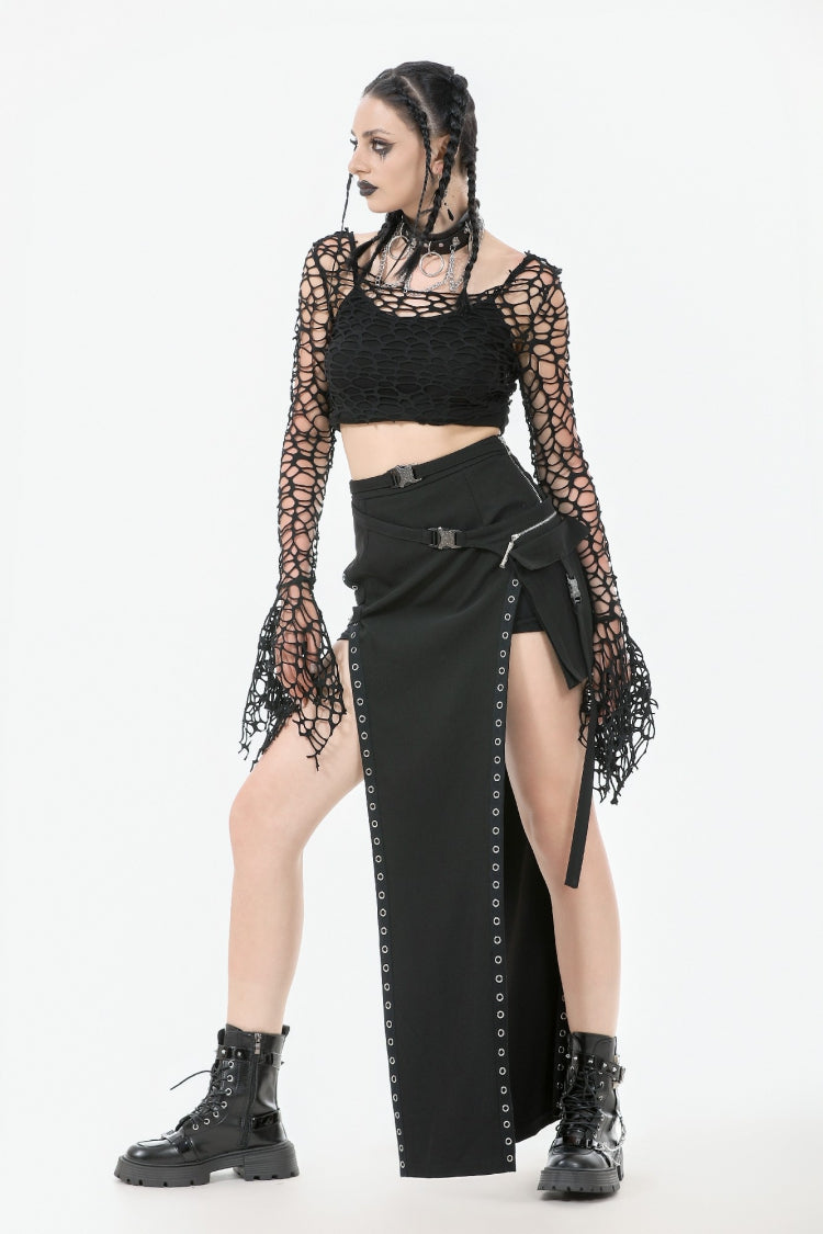 Black Women's Gothic Long Flared Sleeves Hollow-out Mesh Crop Top - Product - 8