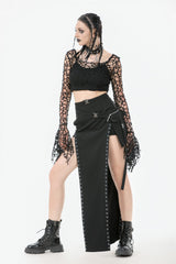 Black Women's Gothic Long Flared Sleeves Hollow-out Mesh Crop Top - Product - 8