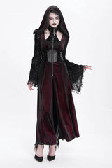 Red Long Sleeves Hollow Embroidery Hooded Ripped Women's Gothic Dress Coat - Product - 6