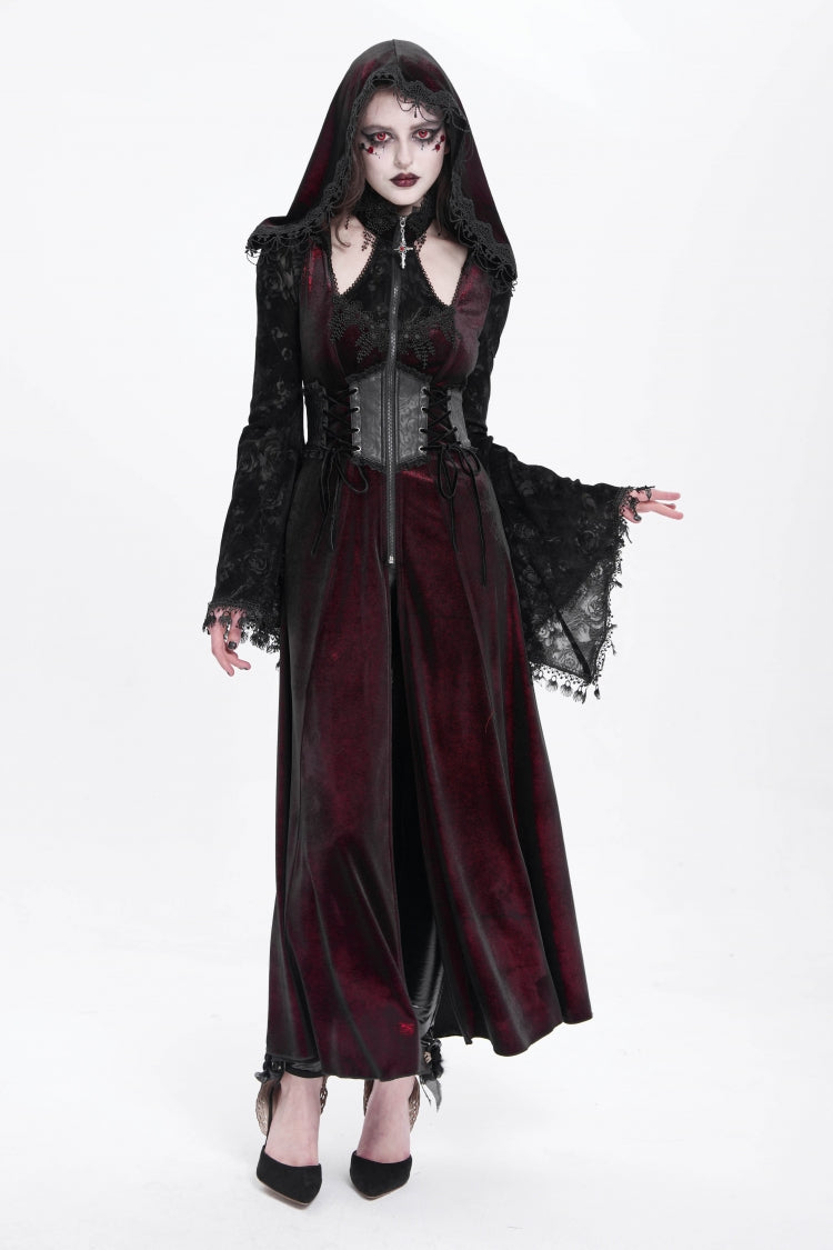 Red Long Sleeves Hollow Embroidery Hooded Ripped Women's Gothic Dress Coat - Product - 6