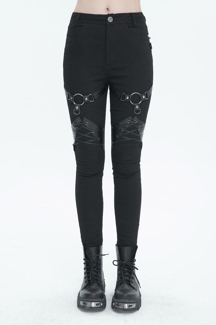 Black Slightly Elastic Twill Pu Tie Rope Decoration Women's Punk Trousers - Black - 1