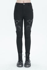 Black Slightly Elastic Twill Pu Tie Rope Decoration Women's Punk Trousers - Black - 1