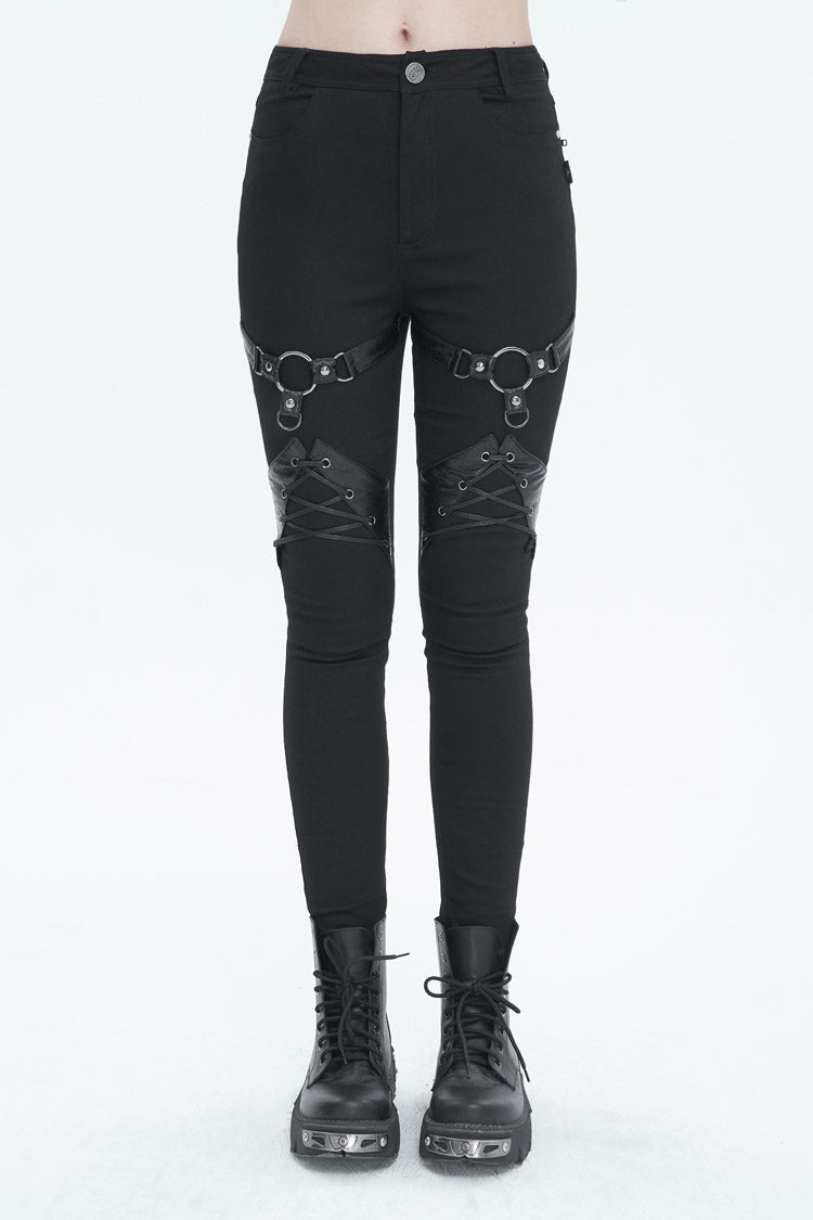 Black Slightly Elastic Twill Pu Tie Rope Decoration Women's Punk Trousers - Black - 1