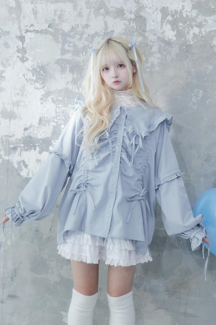 Doll Collar Long Sleeves Ruffle Bowknot Sweet Jirai Kei Japanese Blouse 3 Colors - Product - 13