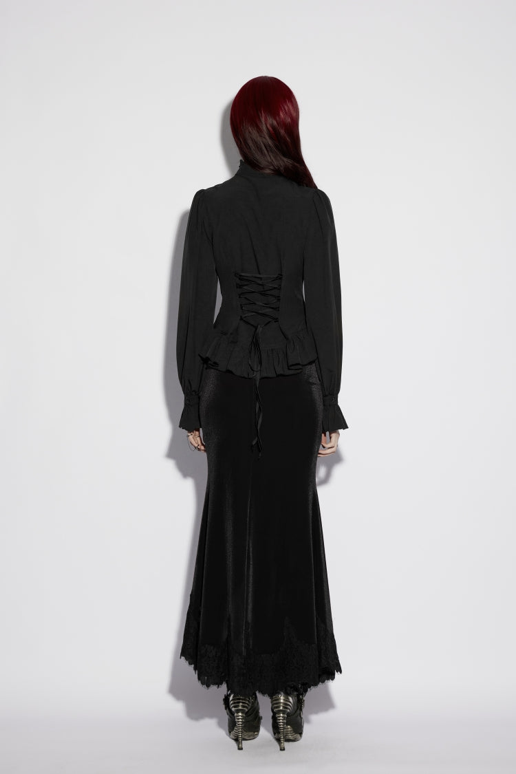 Black Stand Collar Long Lantern Sleeves Cut-Out Embroidered Spliced Lace-Up Slim Sheer Mesh Pleated Women's Gothic Palace Blouse - Product - 3