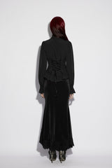 Black Stand Collar Long Lantern Sleeves Cut-Out Embroidered Spliced Lace-Up Slim Sheer Mesh Pleated Women's Gothic Palace Blouse - Product - 3