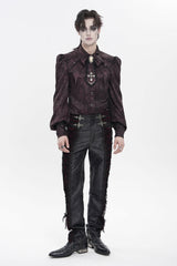 Black/Red Jacquard Spliced Lace-Up Slim Men's Gothic Velvet Palace Pants - Product - 2