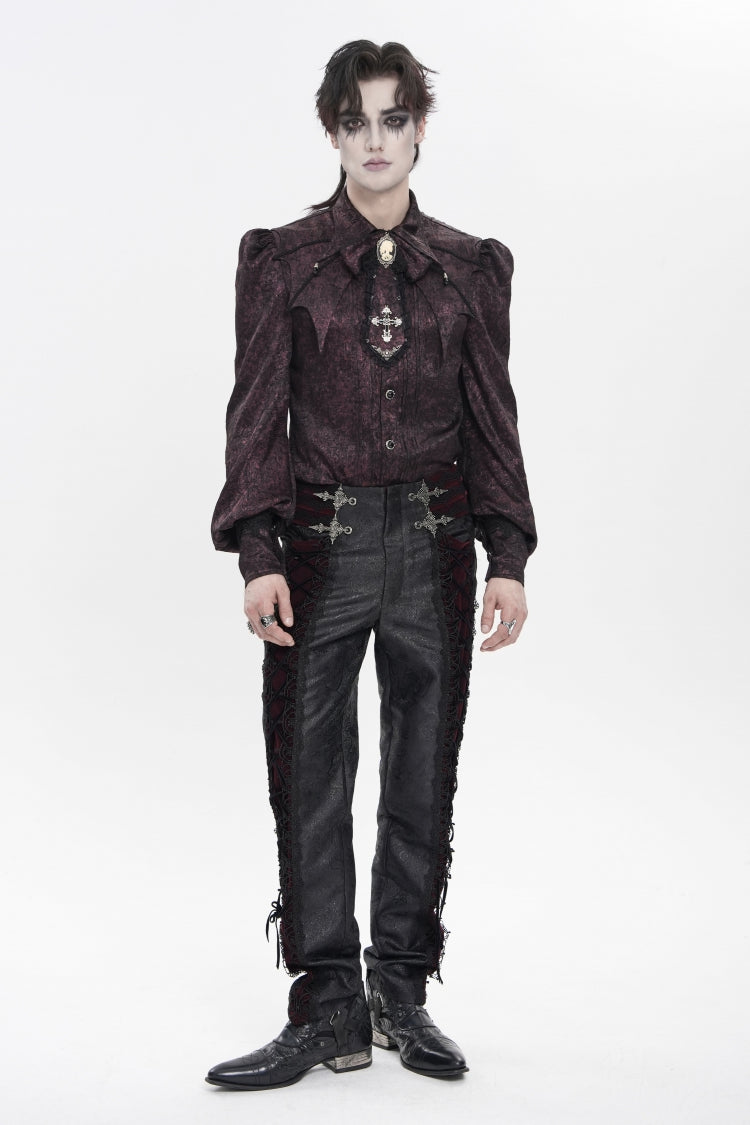 Black/Red Jacquard Spliced Lace-Up Slim Men's Gothic Velvet Palace Pants - Product - 2