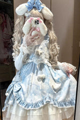 Blue [Cloud Dreamland] Cut-Out Embroidered Bow Lace Asymmetric Sweet Elegant Lolita Jsk Dress Set - Product - 3
