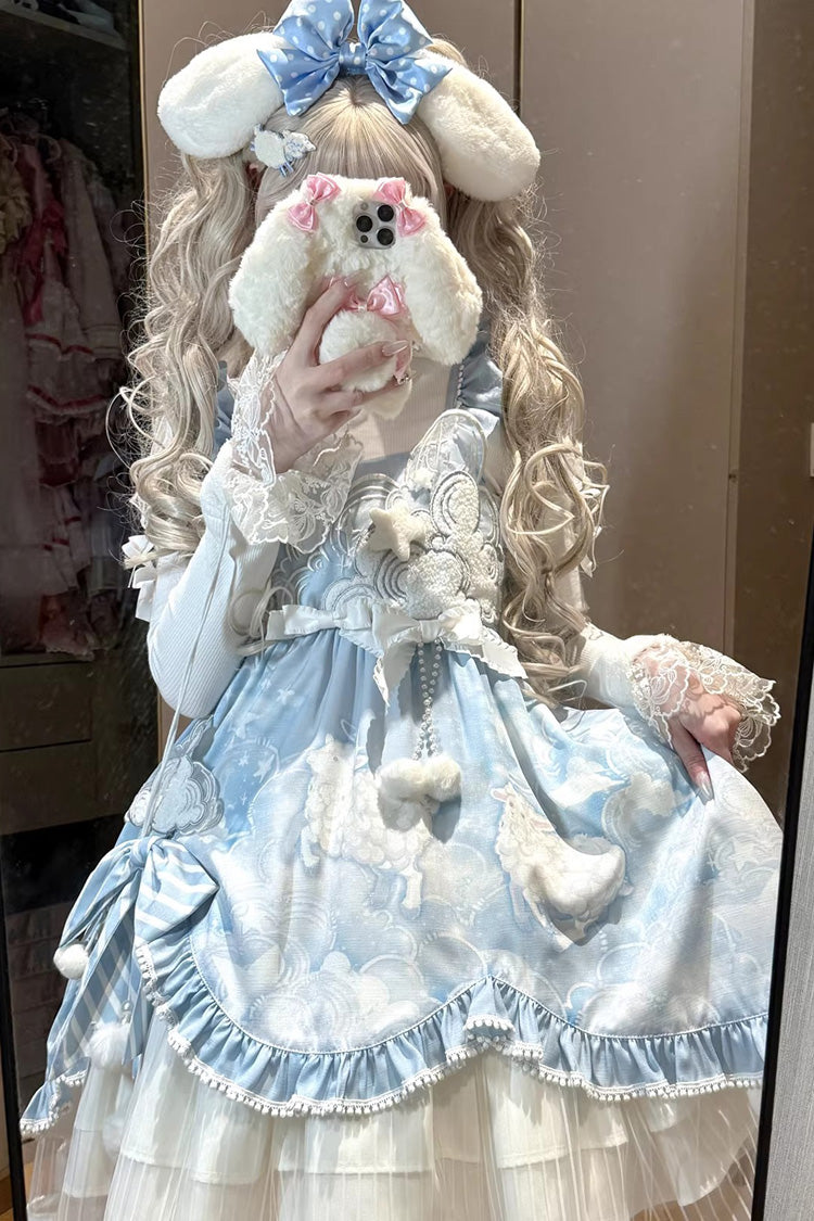 Blue [Cloud Dreamland] Cut-Out Embroidered Bow Lace Asymmetric Sweet Elegant Lolita Jsk Dress Set - Product - 3