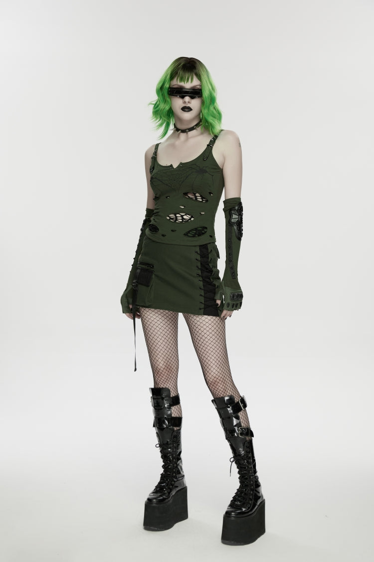 Black/Green Off Shoulder Slim Ripped Buckled Women's Punk Spiders&Web Printed  Vest - Product - 8