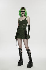 Black/Green Off Shoulder Slim Ripped Buckled Women's Punk Spiders&Web Printed  Vest - Product - 8