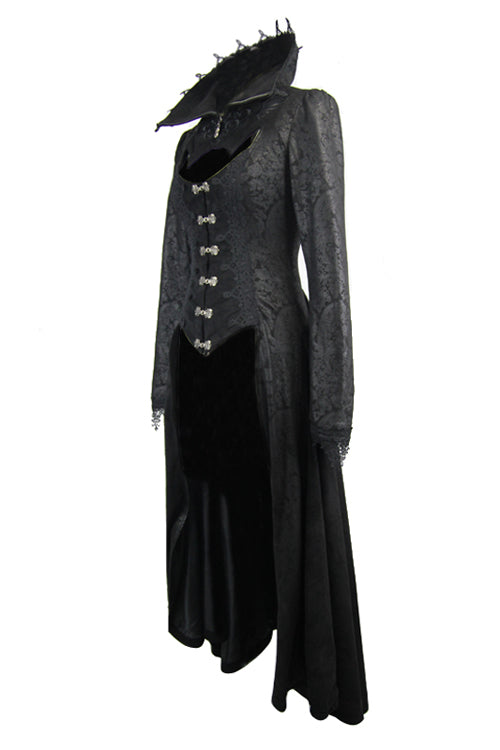 Black Floral Pattern Embroidered Womens Gothic Coat - Product - 4
