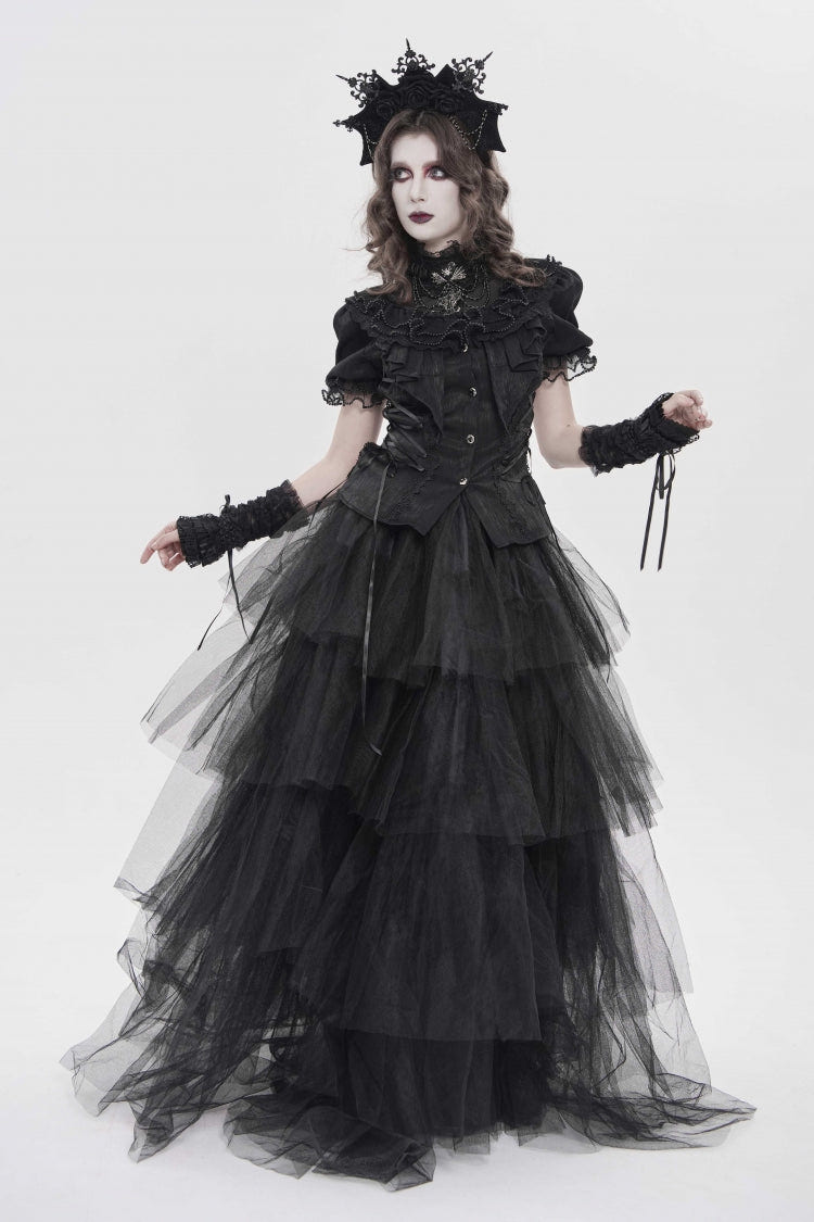 Black Stand Collar Short Sleeves Embroidered Lace Lace-Up Slim Pleated Women's Gothic Palace Blouse - Product - 3
