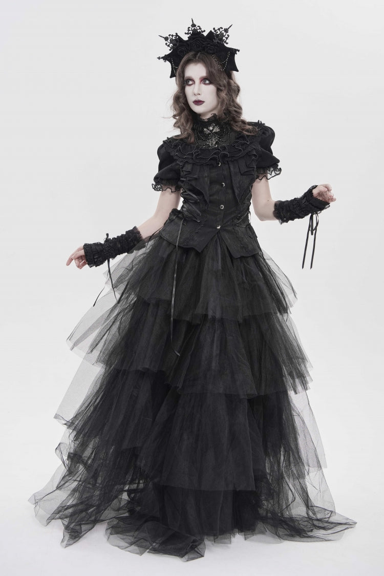 Black Stand Collar Short Sleeves Embroidered Lace Lace-Up Slim Pleated Women's Gothic Palace Blouse - Product - 3