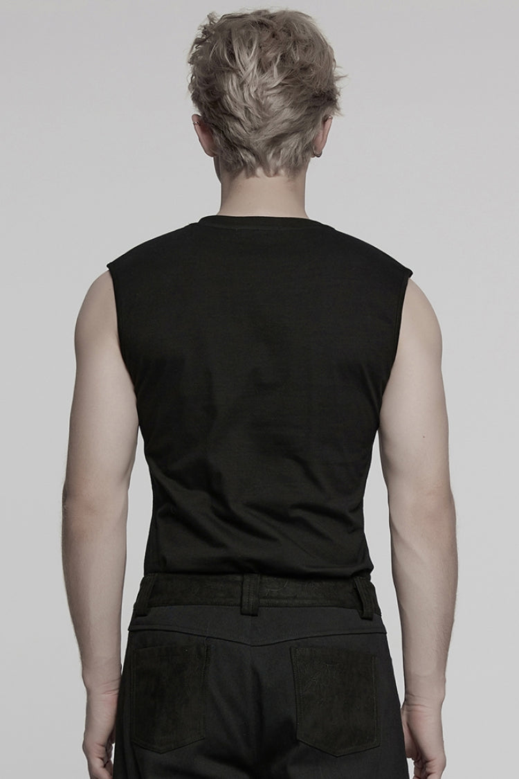 Black Round Collar Sleeveless Studded Stitching Shoulder Patched Men's Punk Vest - Product - 3