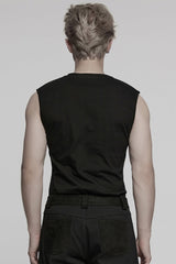 Black Round Collar Sleeveless Studded Stitching Shoulder Patched Men's Punk Vest - Product - 3