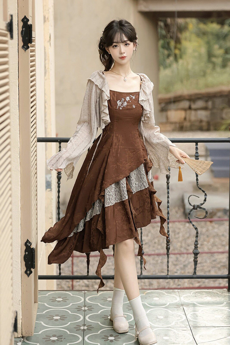 Brown [Dune Traveler] Printed Ruffled Spliced Asymmetric Punk Vintage Lolita Jsk Dress Set - Product - 3