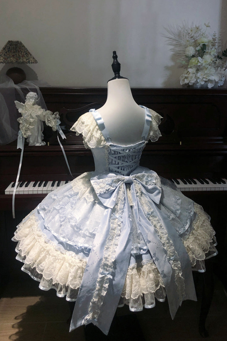 Blue [Dreaming Butterfly] Multi-Layered Jacquard Ruffle Bowknot Lace Sweet Princess Lolita Jsk Dress - Product - 12