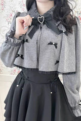 Grey Lapel Collar Long Sleeves Bowknot Sweet Japanese Jirai Kei Blouse Coat - Product - 3